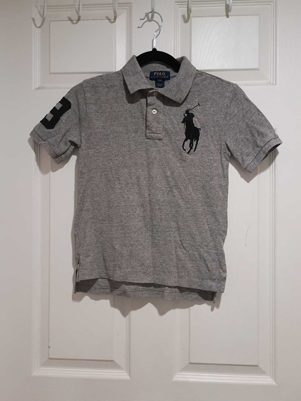 Boys Polo by Ralph Lauren Big Horse Print Gray Short Sleeve Polo Shirt Size 8